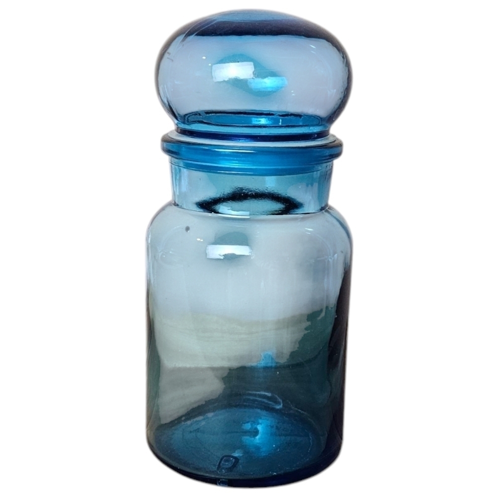 Vtg Belgium blue Apothecary glass jar canister with bubble lid retro col…​​​​